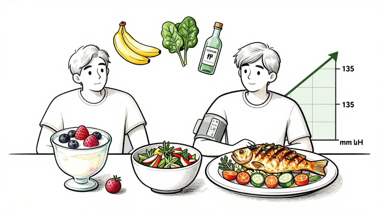 Person eating low-sodium meals daily with a graph showing blood pressure dropping, surrounded by potassium-rich foods.