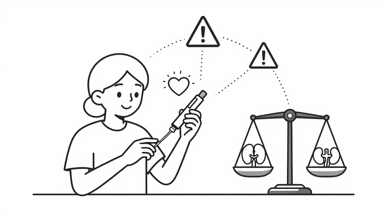 Person injecting weekly diabetes medication with heart and kidney icons, side effects shown as floating symbols