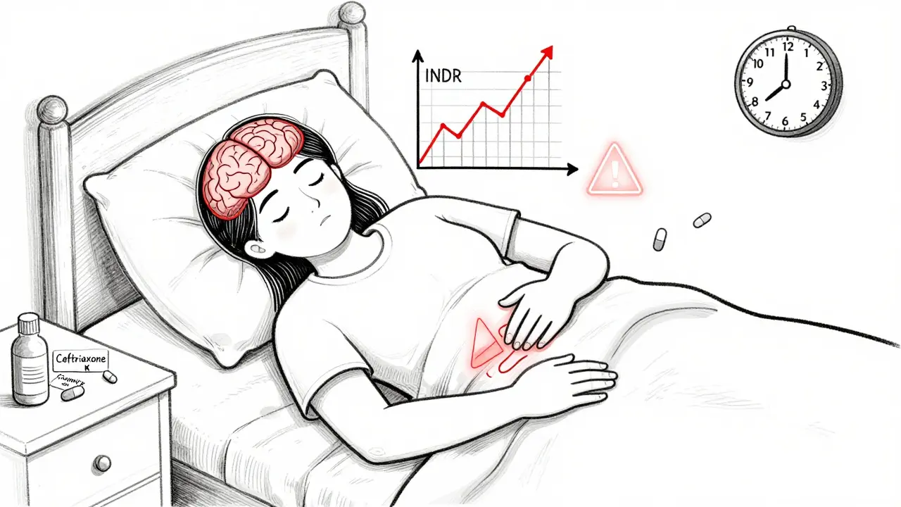 Person sleeping with INR graph rising above bed, antibiotic capsules and vitamin K nearby.