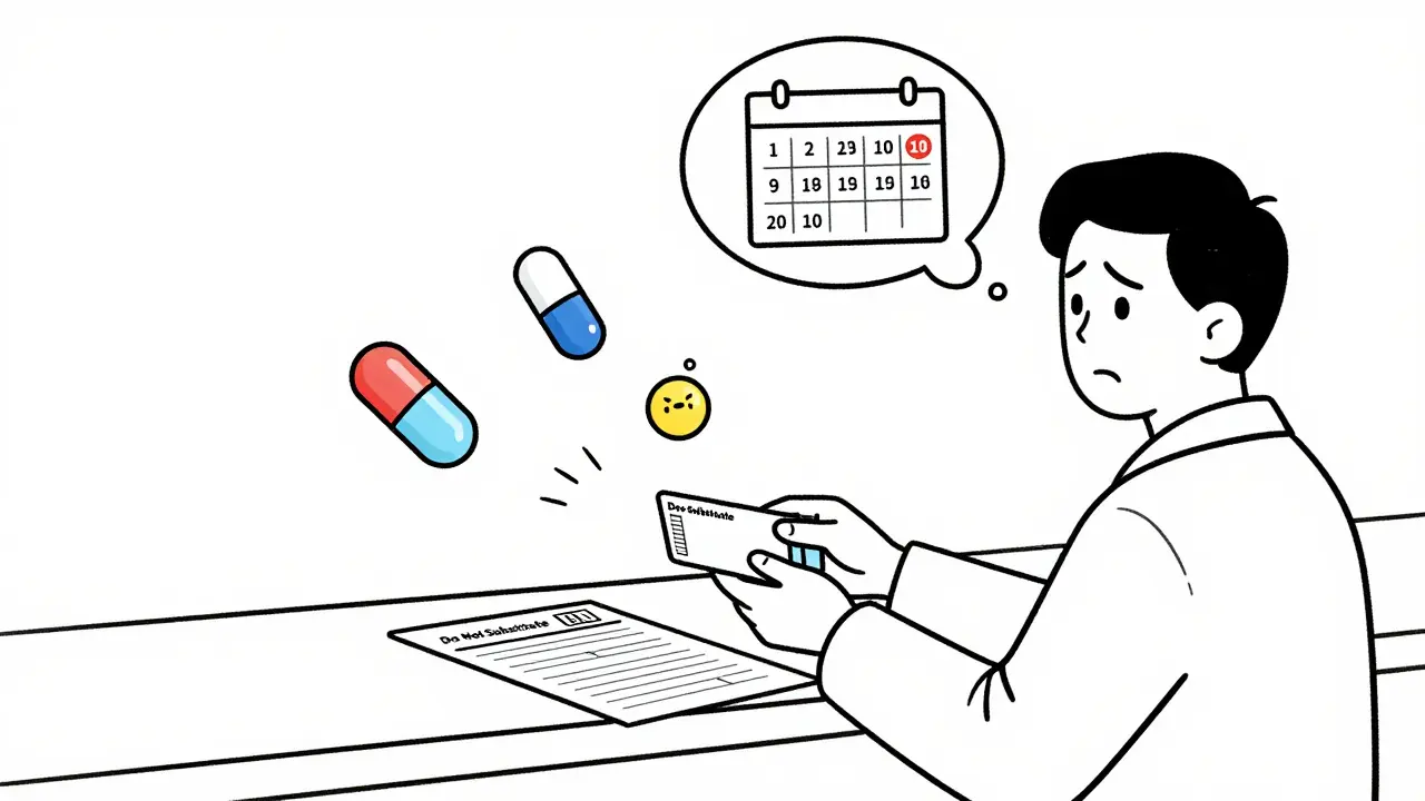 Pharmacist handing prescription while three differently shaped generic pills float above.