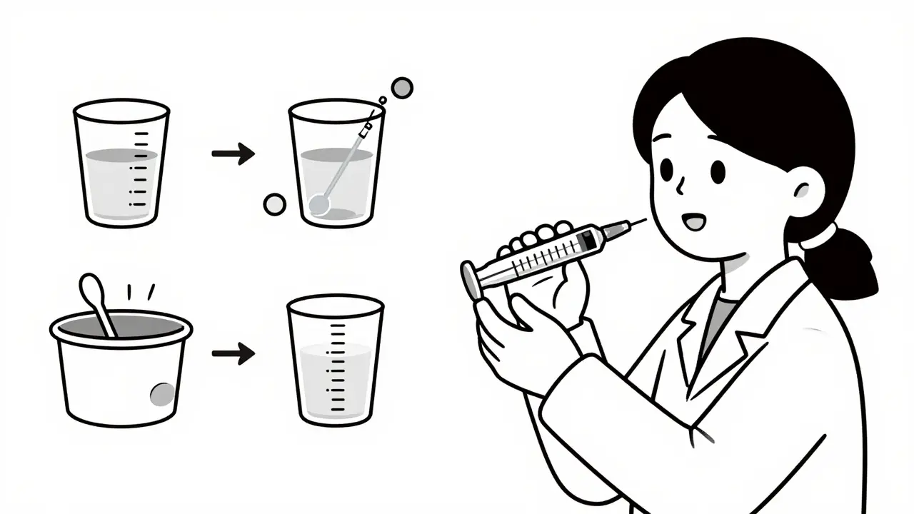 Pharmacist showing caregiver how to use an oral syringe correctly with step-by-step visuals.