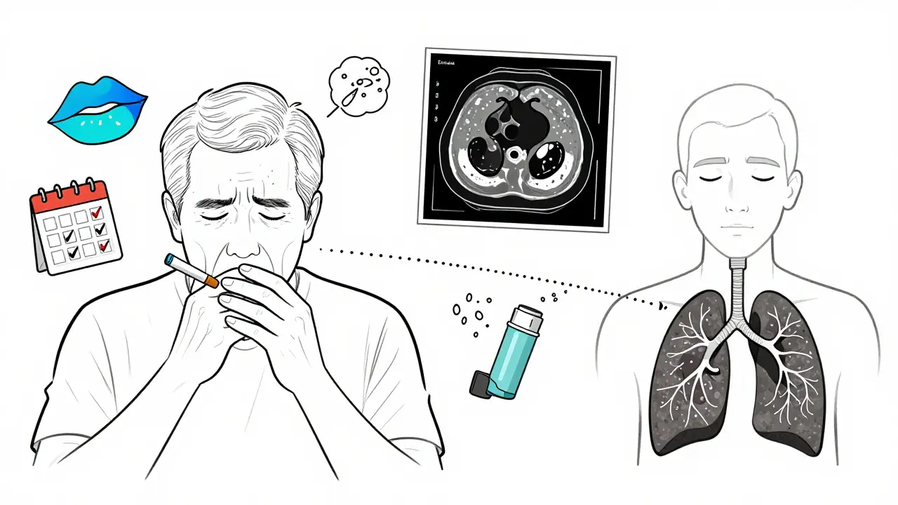 Smoker with COPD symptoms alongside young asthmatic, illustrating long-term lung changes and key warning signs.