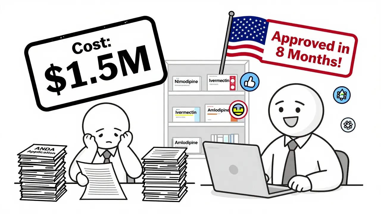 Split illustration of generic drug company facing high costs vs. fast FDA approval
