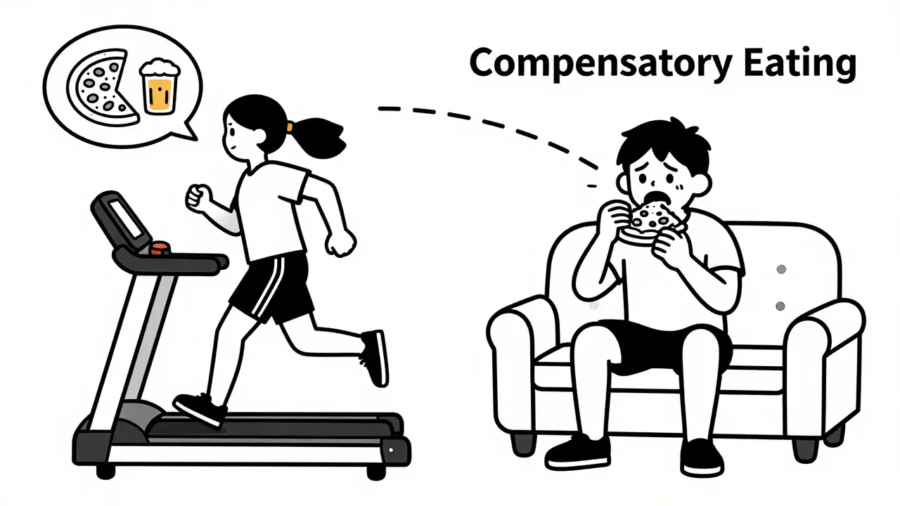 Split illustration of person exercising while thinking of junk food versus actually eating it on the couch.