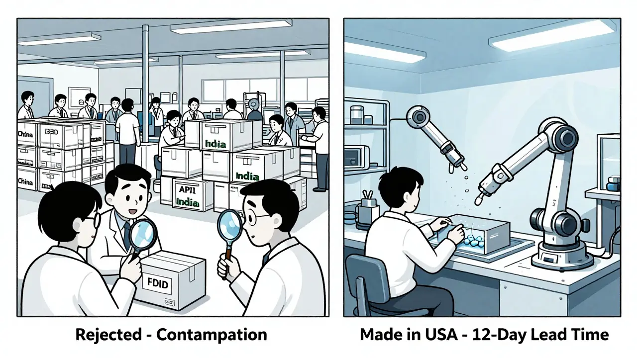 Split illustration: overseas factory with rejected drugs vs. automated U.S. microfactory producing pills safely.