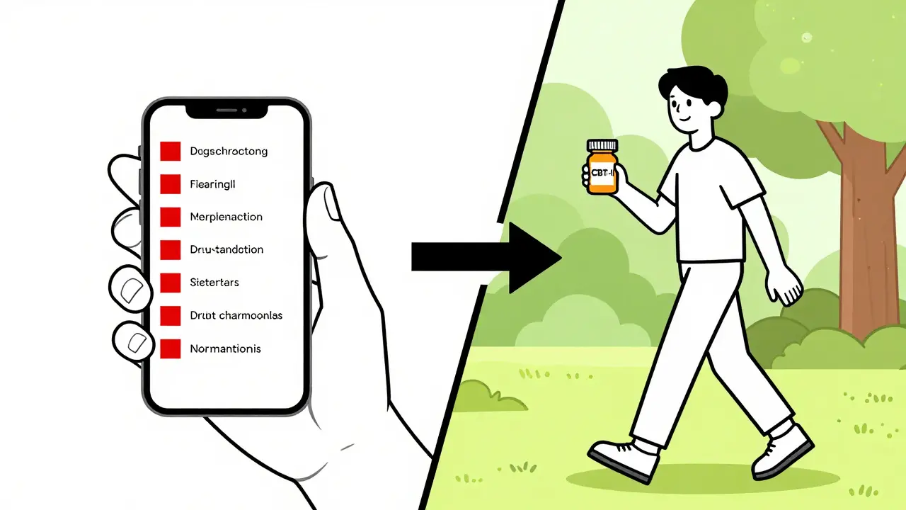 Split image: person with medication app on left, walking happily with single pill on right.