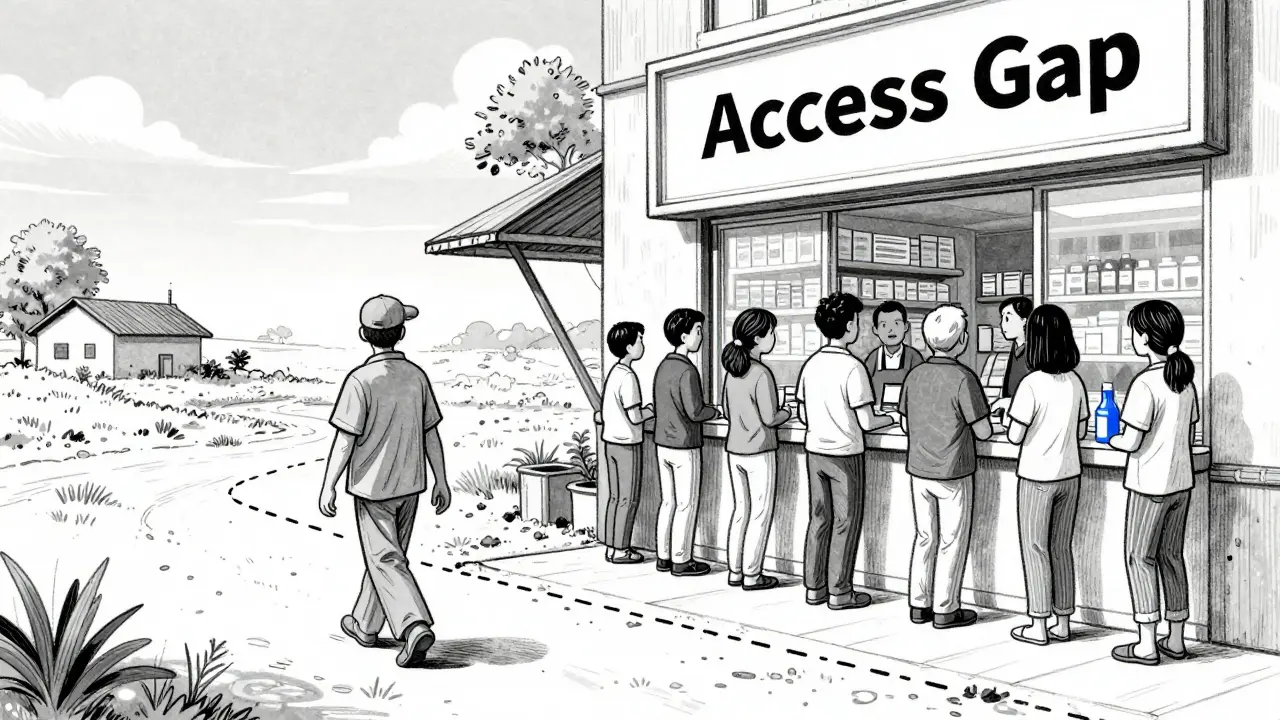 Split scene: rural person walking to closed pharmacy vs. diverse group waiting at urban pharmacy counter.