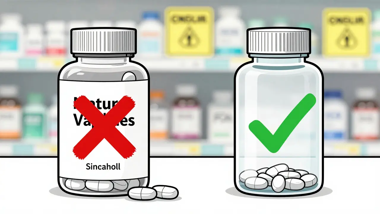 Two supplement bottles side by side: one with hidden sildenafil pills spilling out, the other FDA-approved.