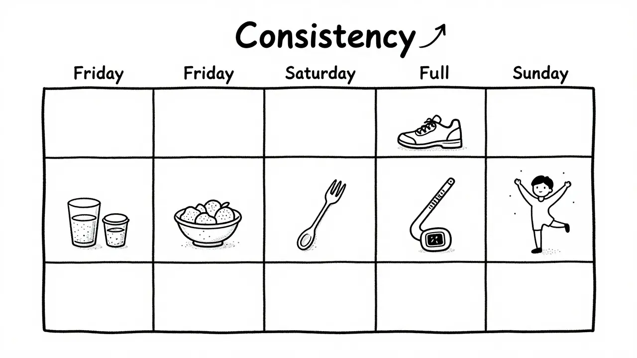 Weekly calendar with small healthy actions marked for Friday to Sunday, connected by an upward progress arrow.