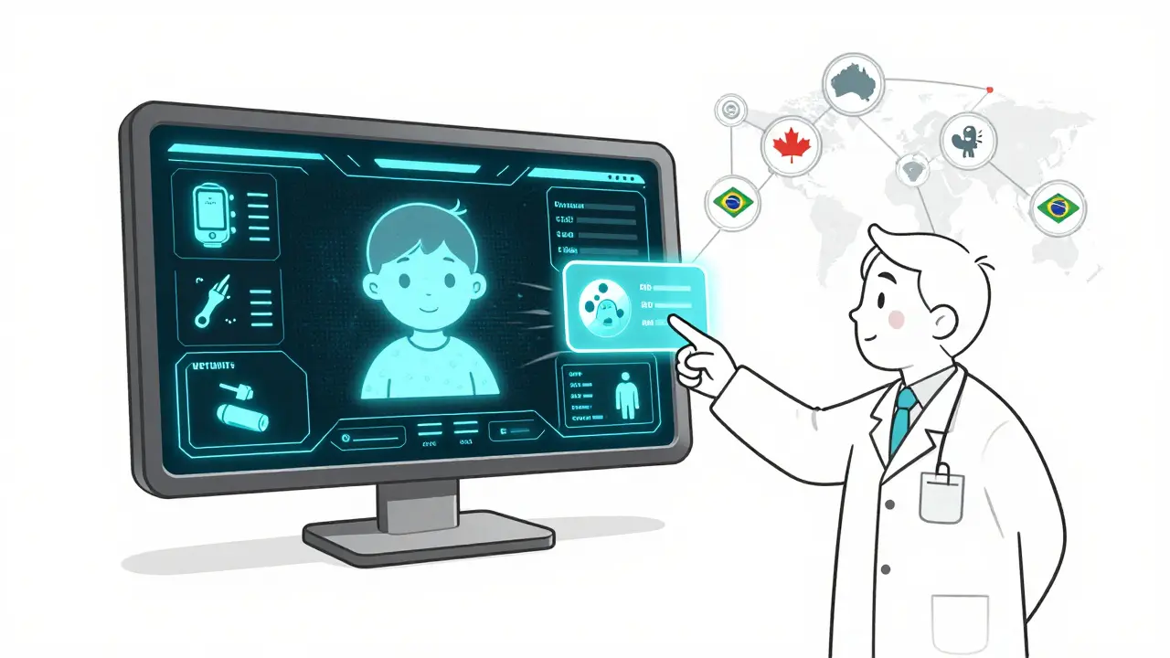 A digital dashboard tracking a child's health data from wearables and clinics, with global alerts pulsing in real time.