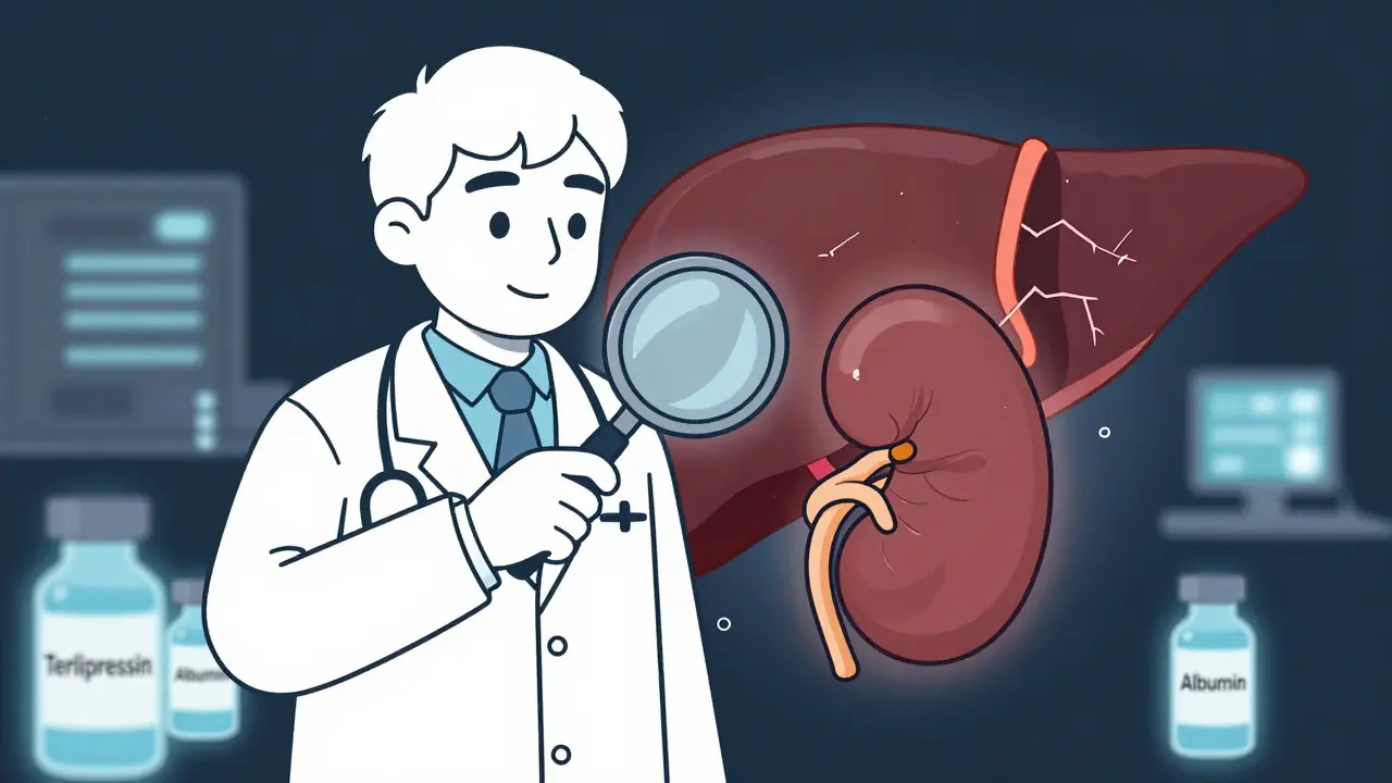A doctor examining a healthy-looking kidney while a failing liver casts a shadow, with treatment vials nearby.