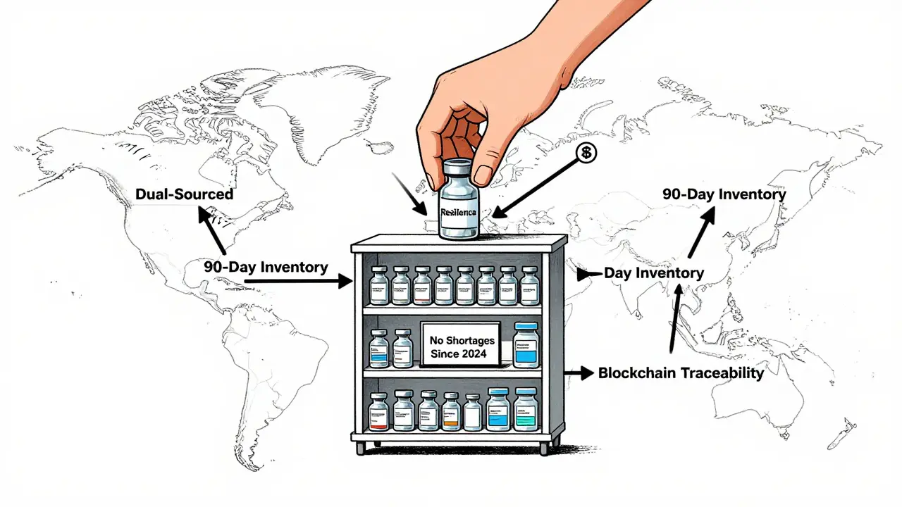 A global network of supply nodes connecting regions, with a fully stocked pharmacy shelf labeled 'No Shortages'.