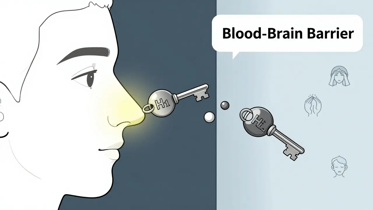A human body with H1 receptors being blocked by key-shaped antihistamines, while one molecule is stopped by the blood-brain barrier.