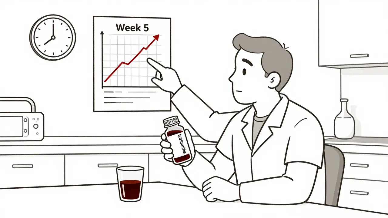 A man taking terbinafine while a doctor points to rising liver enzyme graphs, highlighting unnoticed danger.