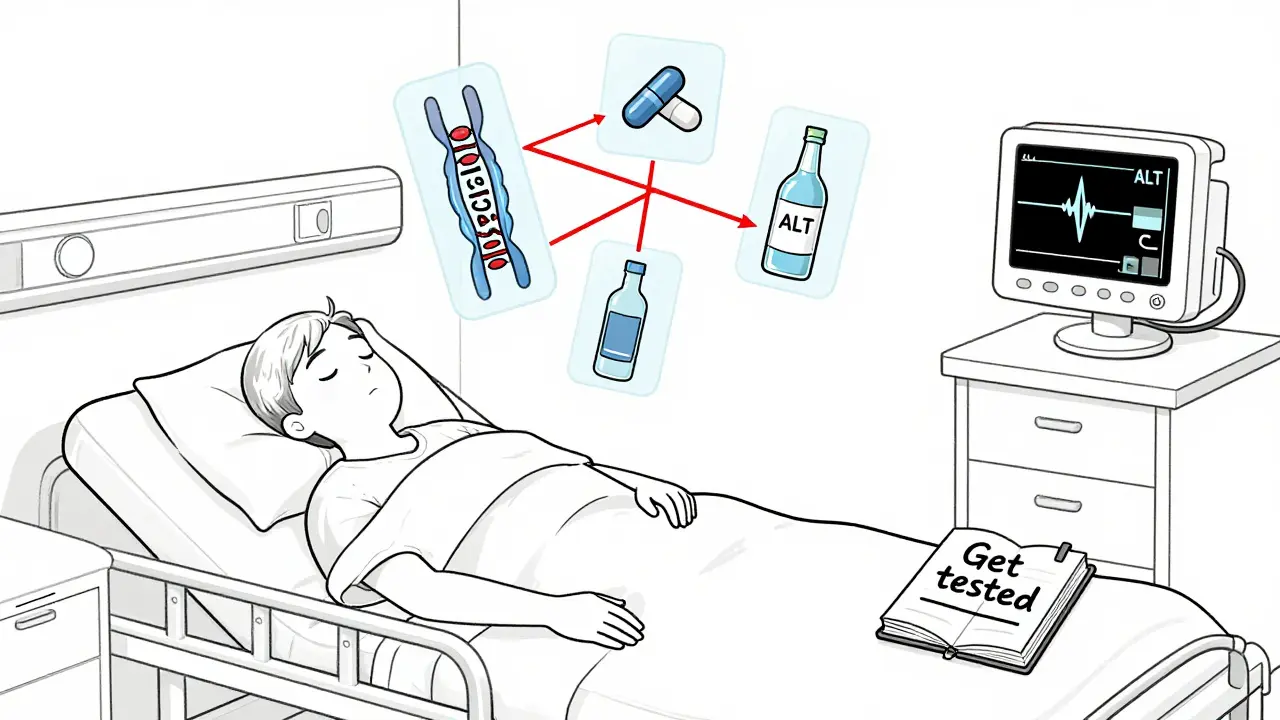 A patient in hospital with liver enzyme spike, connected by warning lines to genes, statins, and alcohol.