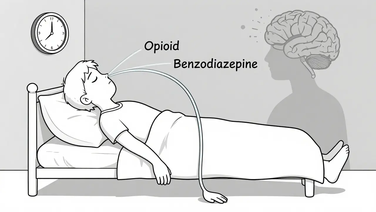 A person asleep with two breathing lines merging into a dead end, a clock showing late night.