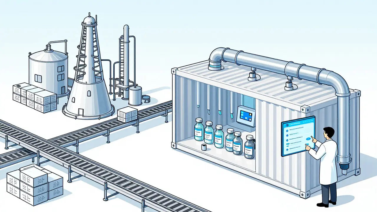 A side-by-side comparison of a traditional drug plant and a compact modular manufacturing unit producing medicine.