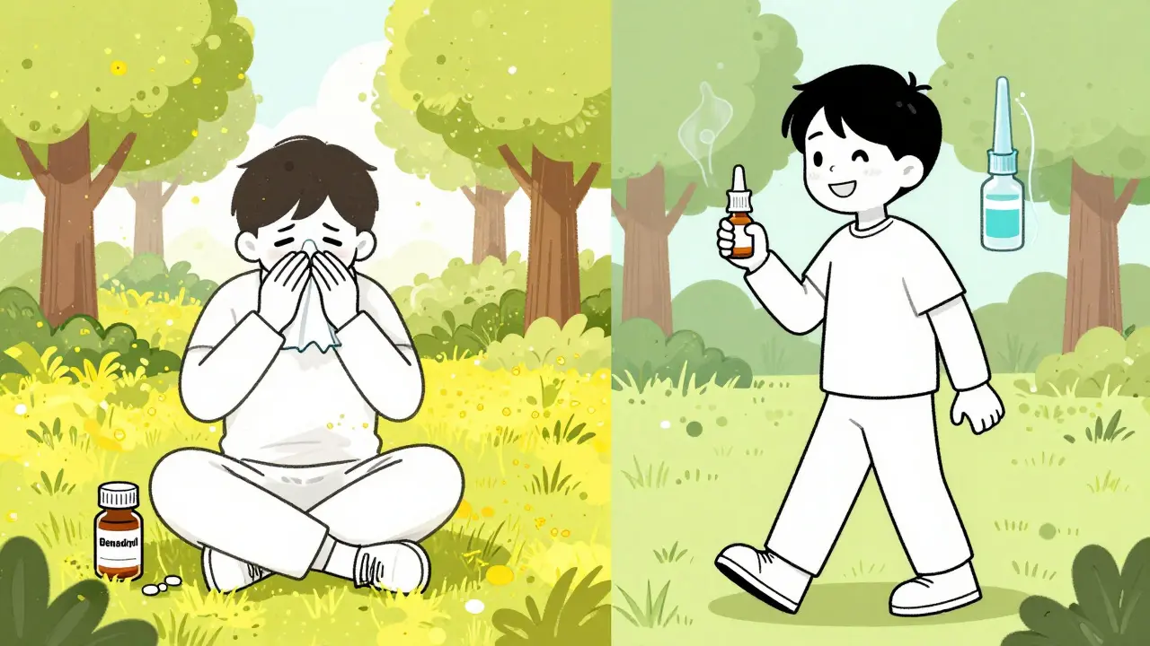 A side-by-side scene comparing a drowsy person with Benadryl to a refreshed person using modern antihistamines and nasal spray.