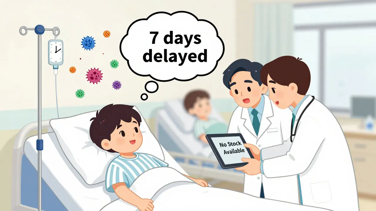 Child in hospital bed with cancer cells multiplying, clock showing treatment delay as medical staff look at 'No Stock' alert.