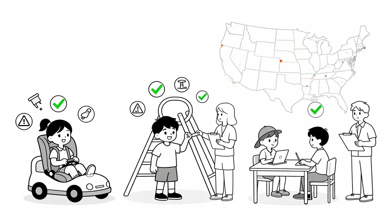 Children in everyday settings with hazards transforming into safety solutions, guided by community teams across the U.S.