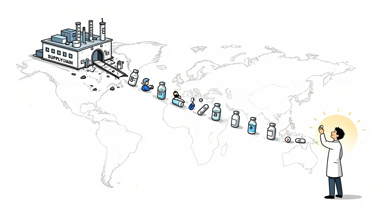 Fractured supply chain domino effect from a factory collapse to patients across the U.S., with one pharmacist holding a single pill.
