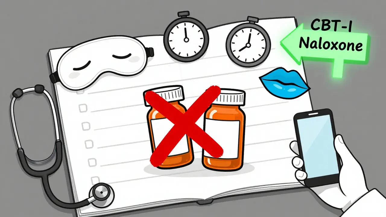 Medical chart with red X's over pills, surrounded by warning symbols and a path to safer alternatives.