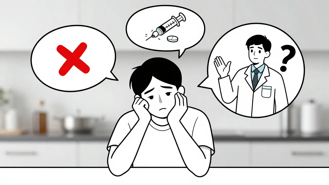 Person hesitating over pill, with thought bubbles showing safe alternatives and pharmacist guidance.