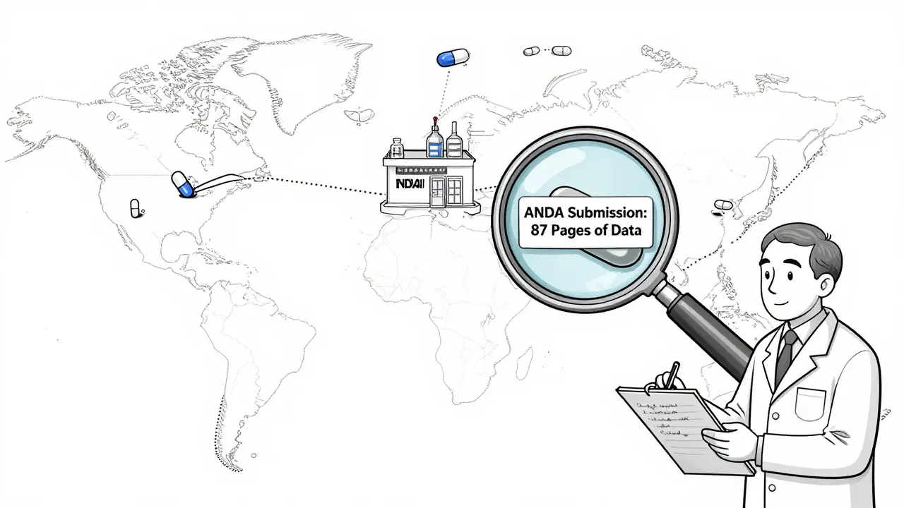 Pills from global factories converging to a single FDA lab, with a magnifying glass over an ANDA submission document.