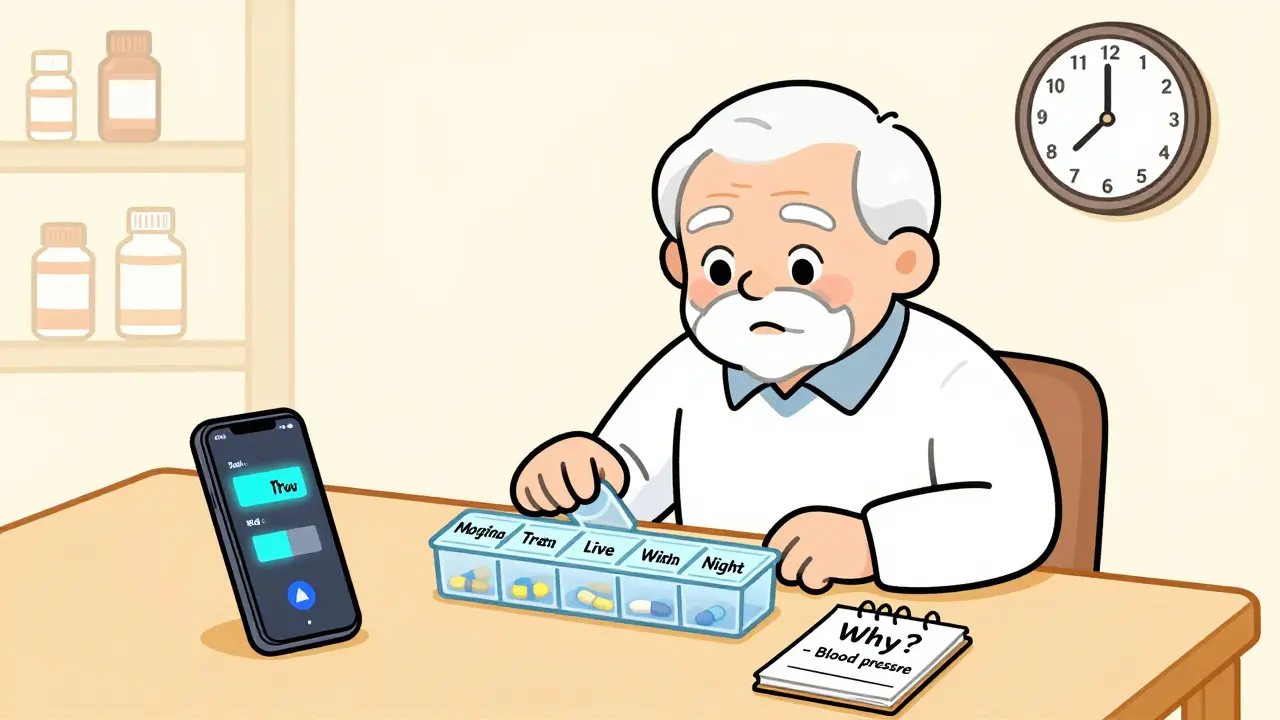 Senior using labeled pill organizer with smartphone alarms reminding them to take medicine.