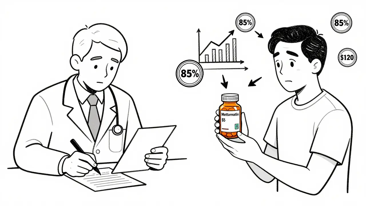 Split image comparing affordable generic medication to expensive brand-name drug, with FDA seal and savings graph.