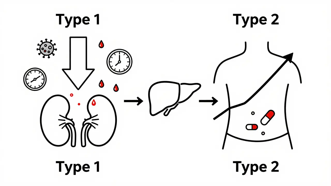 Two pathways of hepatorenal syndrome: Type 1 rapid decline and Type 2 slow progression, both leading to transplant.