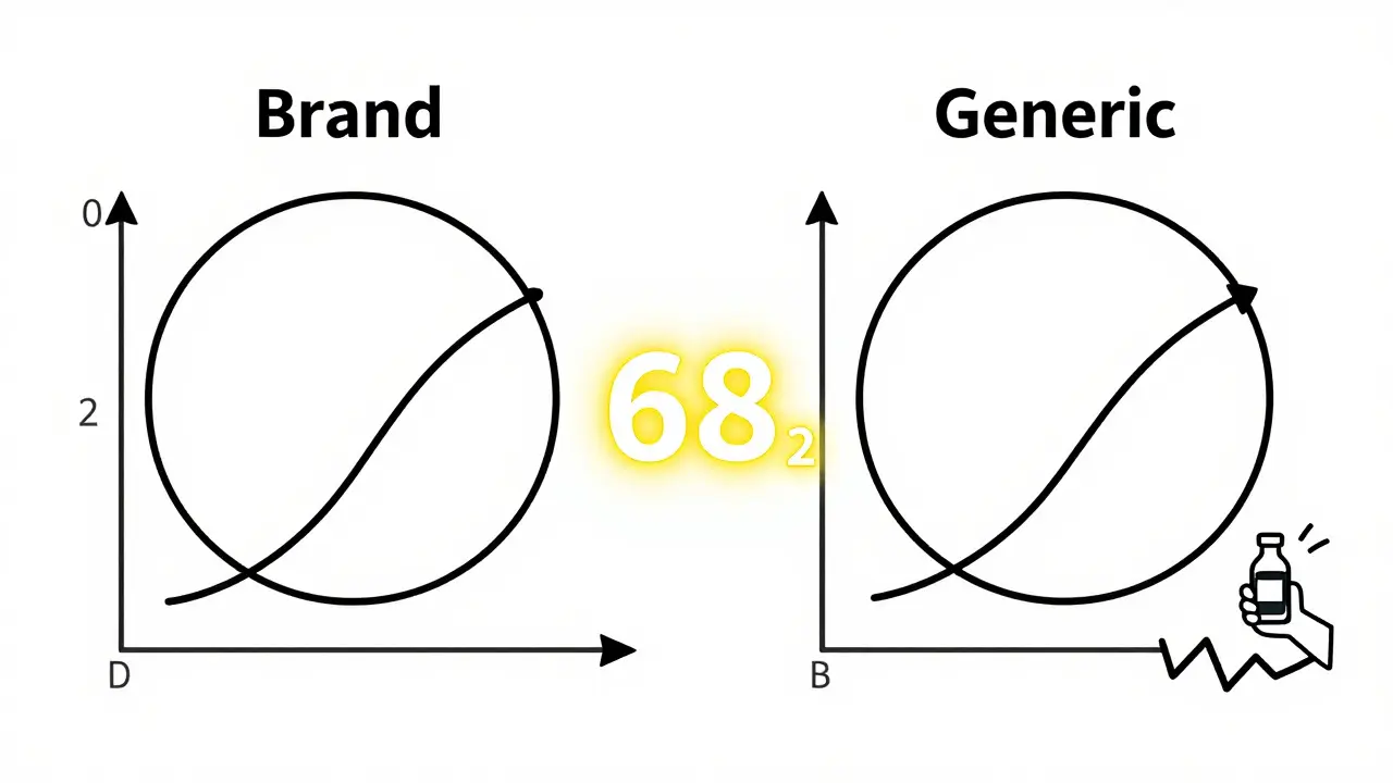 Two pill dissolution profiles with matching curves and an f2 similarity score of 68, plus a warning for alcohol-induced dose-dumping.