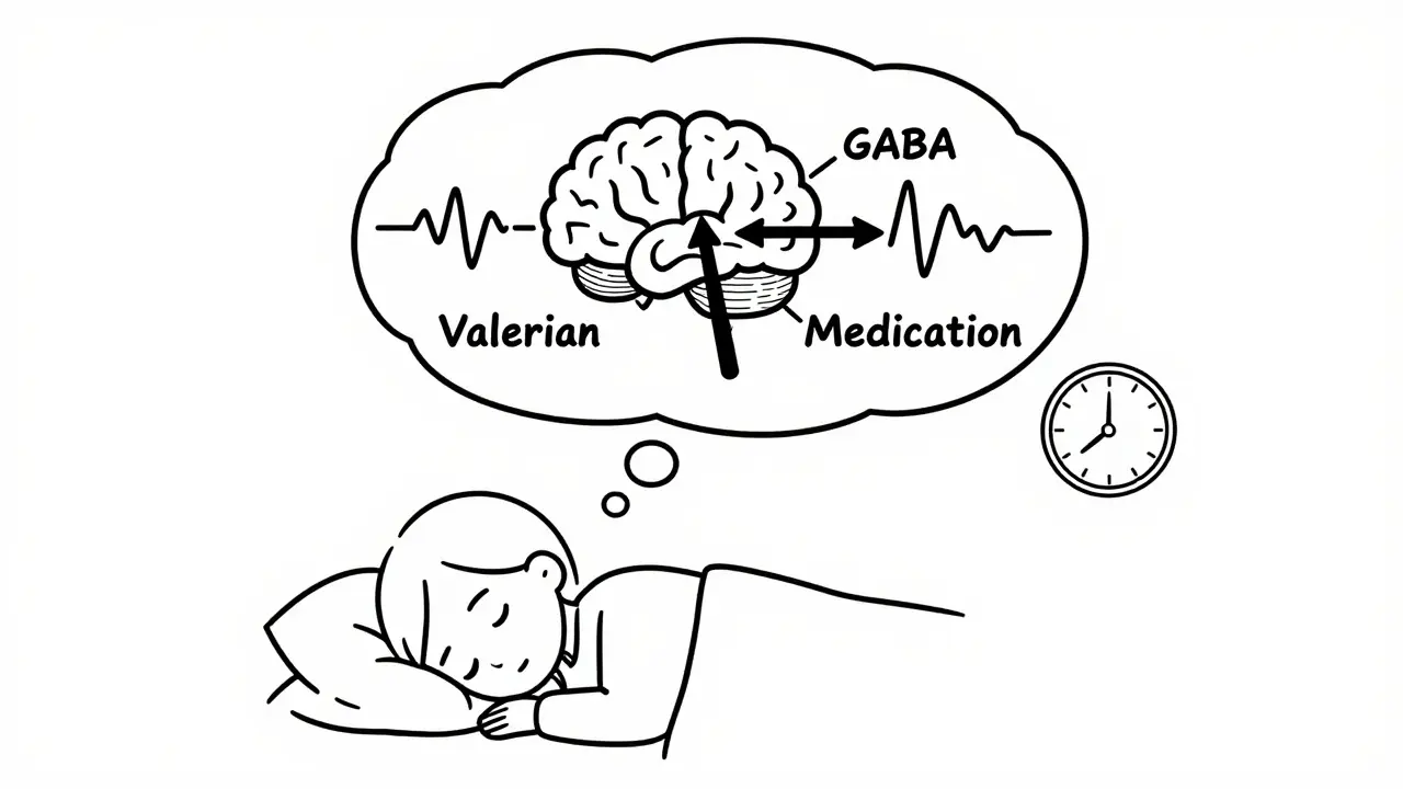 A person sleeping with brainwaves doubled by valerian and medication in a thought bubble, drawn in minimalist line style.