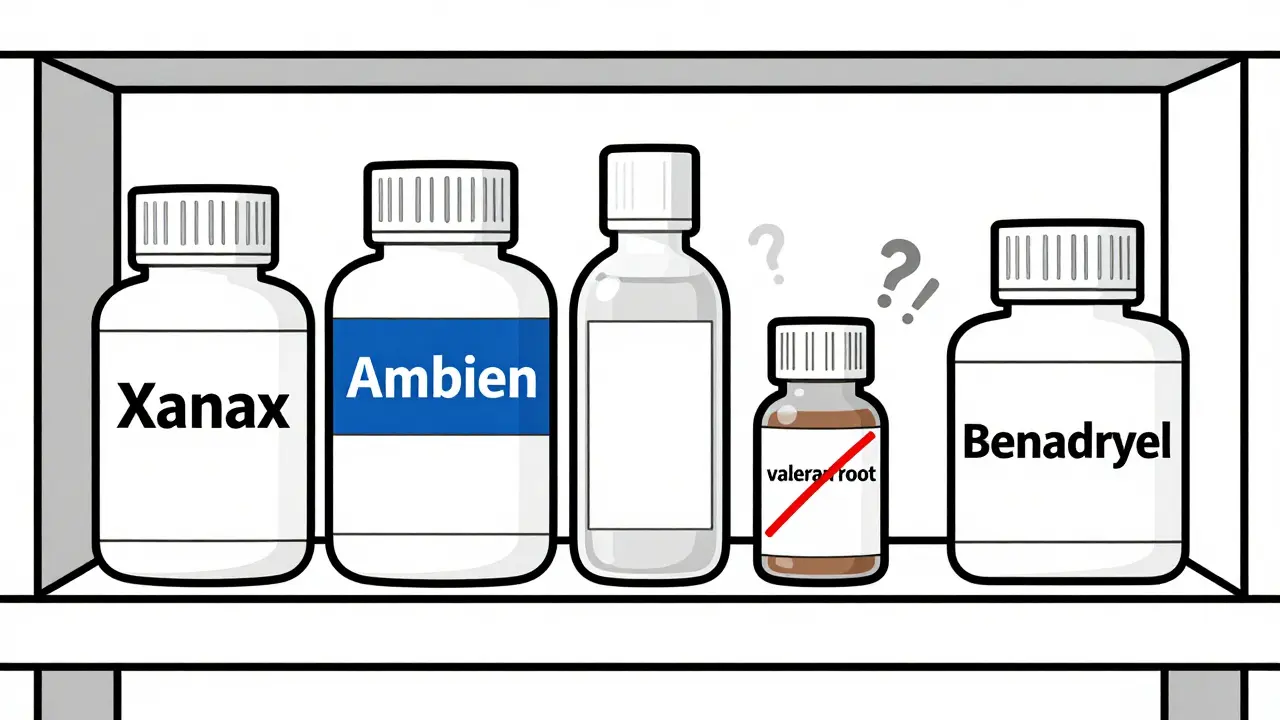 A pharmacy shelf with sedative medications and a valerian bottle marked with a warning line, shown in black-and-white line art.