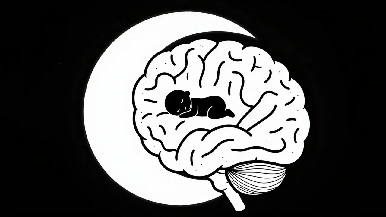 Brain illustration merged with moon symbolizing sleep pattern restoration