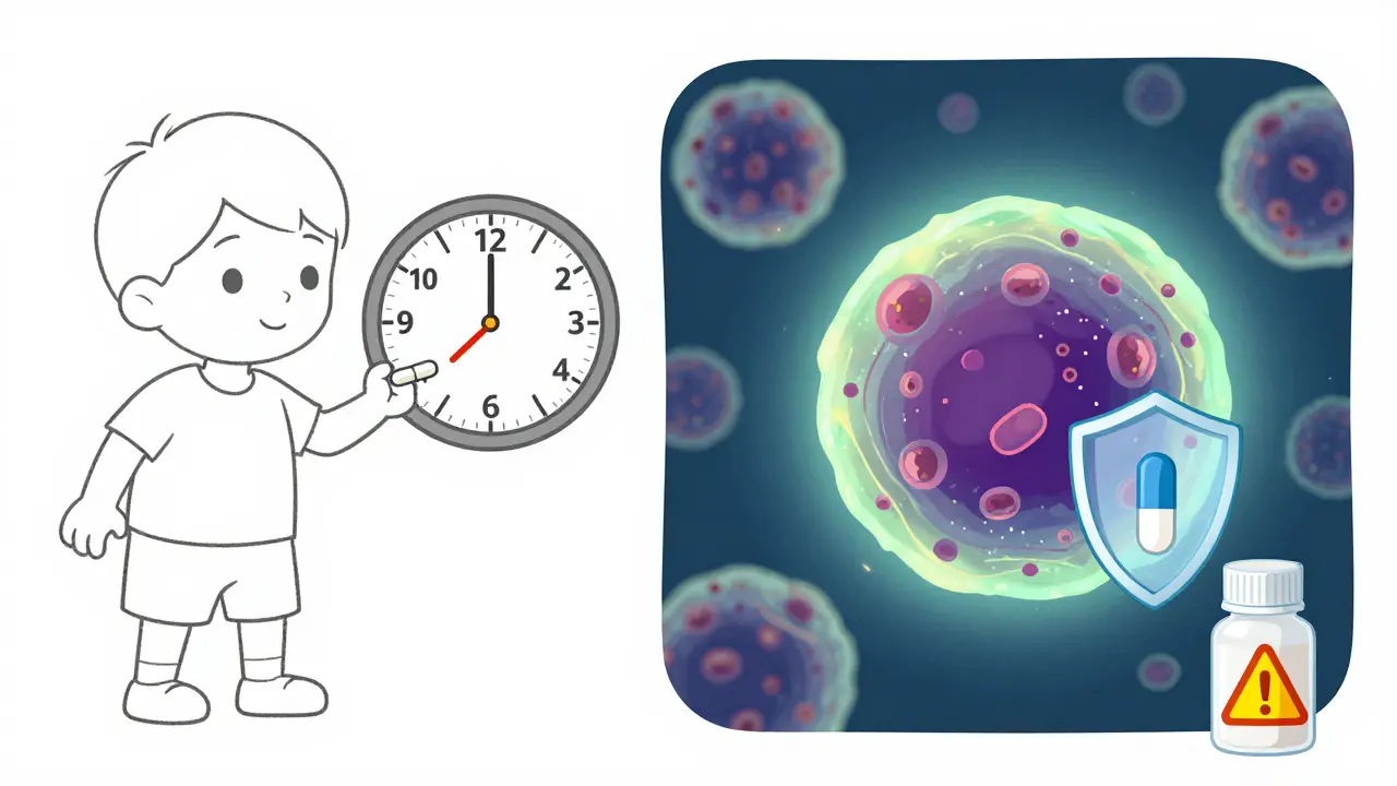 Child taking antibiotics for 10 days, with bacteria being eliminated and a warning against stopping treatment early.