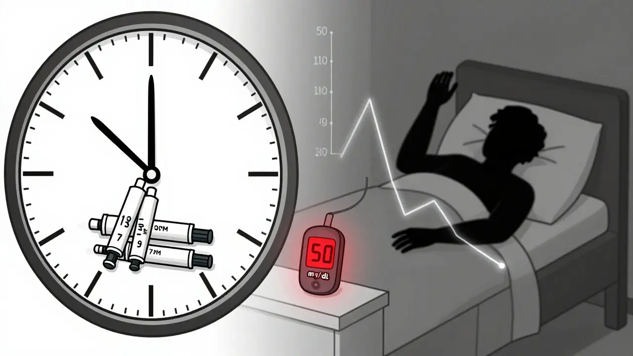 Clock at midnight with stacked insulin pens and a low glucose reading, person shaking in bed.