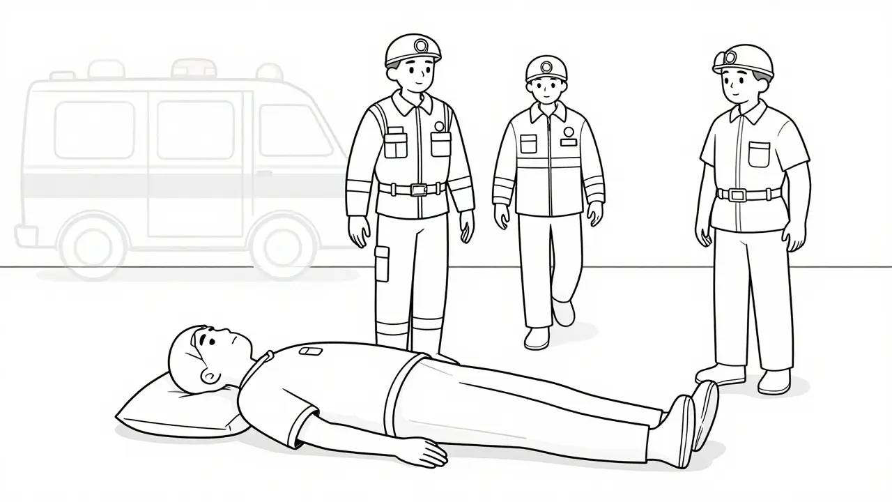 Emergency responders approaching patient who has received epinephrine shot