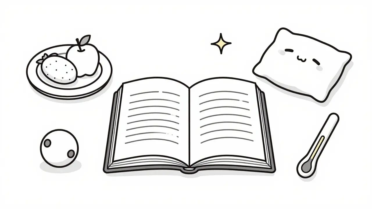 Journal surrounded by food, sleep, and water icons