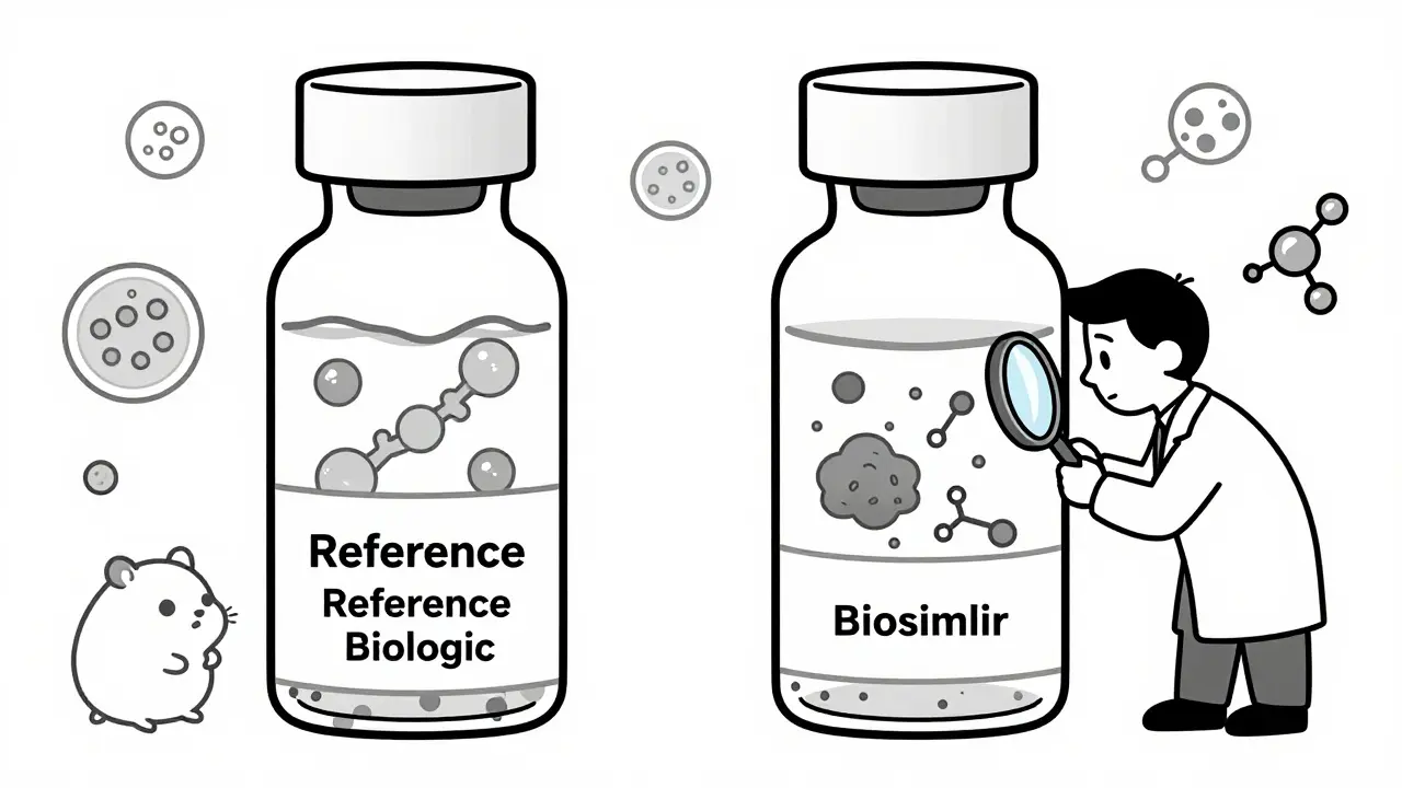 Microscopic comparison of reference biologic and biosimilar showing protein and sugar differences.
