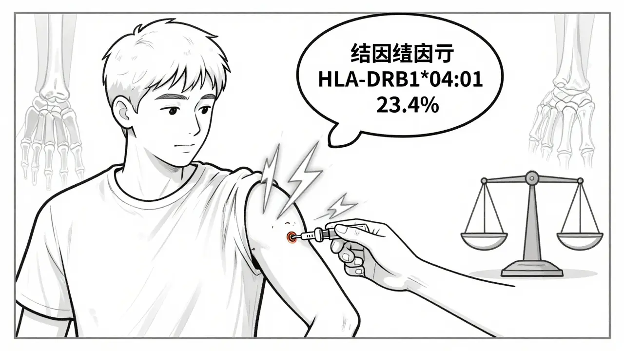 Patient receiving biosimilar injection with immune response and genetic risk factors shown in line art.