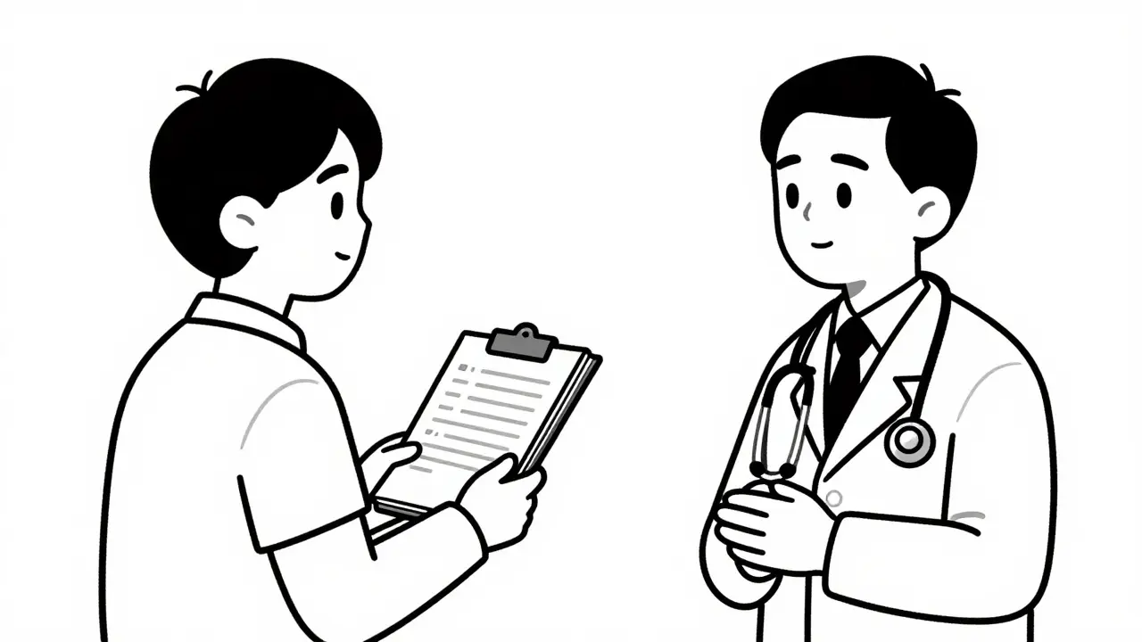 Patient showing a notebook to a doctor during visit