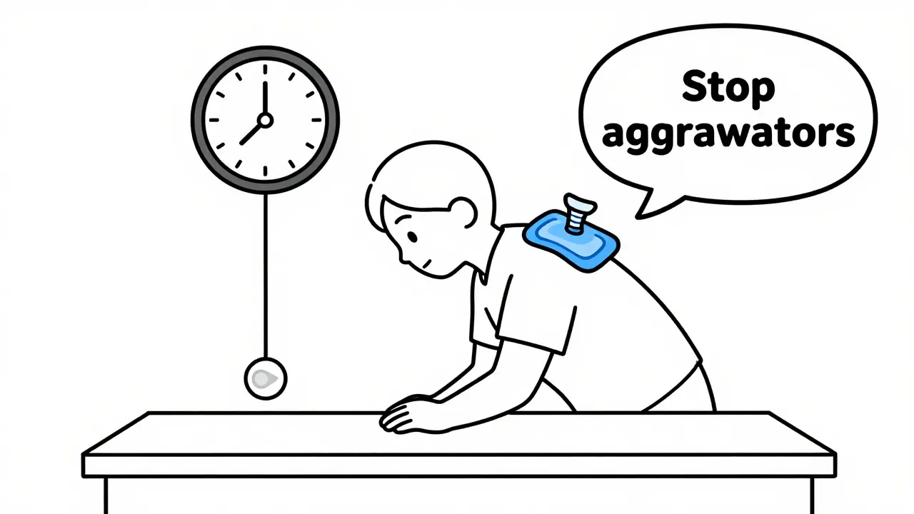 Person doing pendulum exercise with ice pack on shoulder, symbolizing early pain management.