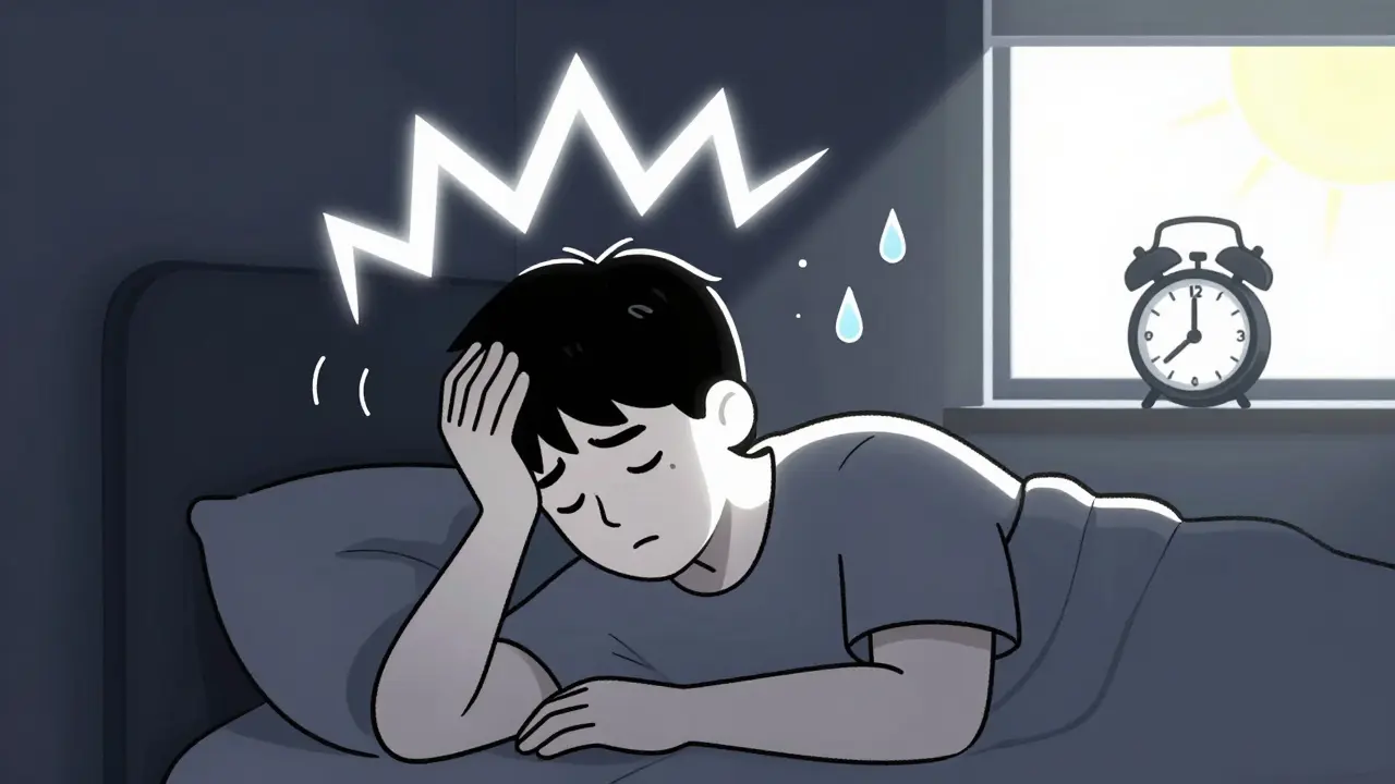 Person in dark room with pulsing migraine and visual aura, sensitive to light and sound