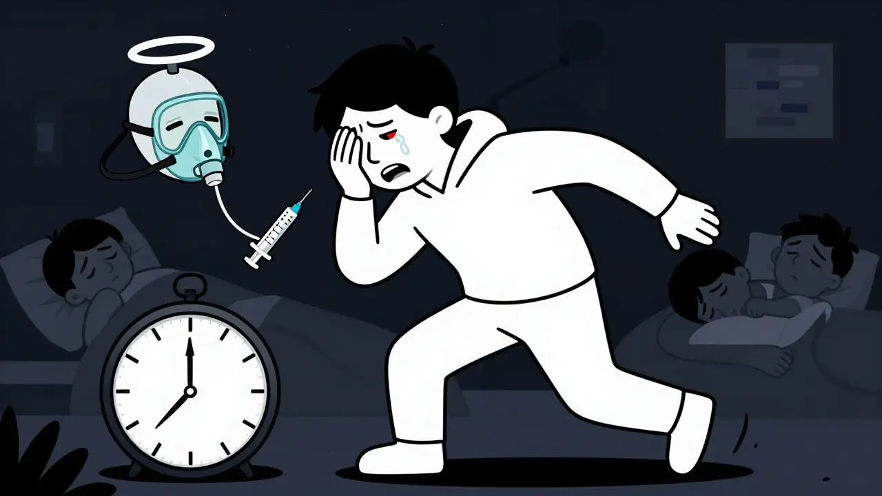 Person in nighttime agony with one-sided cluster headache symptoms: tearing eye and runny nose