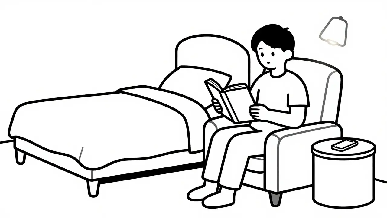 Person reading book in chair while bed stays empty for sleep training