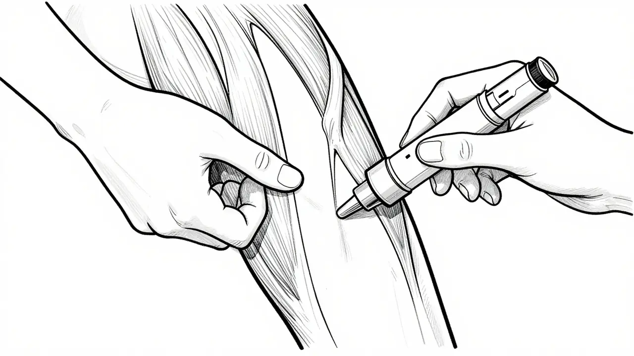 Person using auto-injector on outer thigh demonstrating correct placement