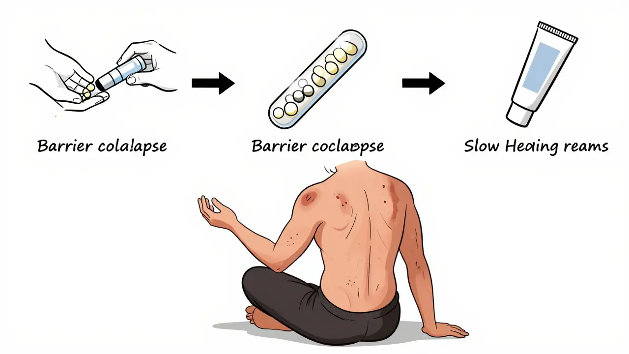 Person with stretch marks and healing process shown in sequential line art stages.
