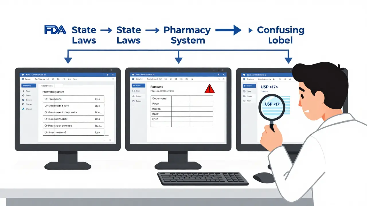Pharmacist at computer showing three different label formats generated by different pharmacy systems.