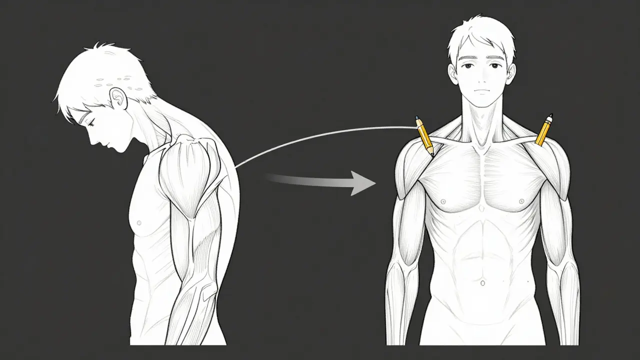 Side-by-side posture comparison showing scapular stabilization reducing shoulder strain.